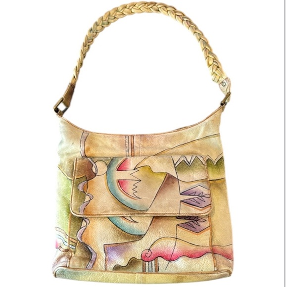 Vintage Handpainted Leather Manifique Hobo Bag with Braided Shoulder Strap - Picture 1 of 15